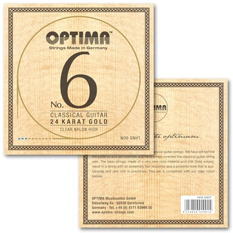 Optima NO6.GNHT Konzertgitarren-Saiten Satz - 24 Karat Gold Bass-Saiten mit Nylon Diskant - Harte/High Spannung - langlebiger Saitensatz für klassische Gitarre - Made in Germany