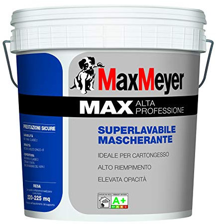 Pittura lavabile MAX A+ alta professioneNuova Formula 2019 idropittura mascherante professionale bianca al alto potere riempitivo 14 lt. Max Meyer