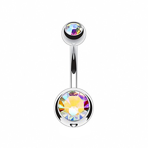 Piercingfaktor Bauchnabelpiercing Titan Bauch Bauchnabel Piercing Stecker Anhänger mit Doppel Kristall Perlen Kugeln Rainbow 1,6mm x 8mm x 4x6mm