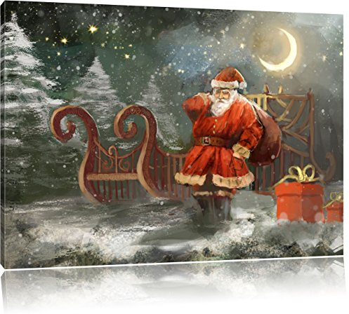 Pixxprint Weihnachtsmann mit Geschenken, Größe: 100x70cm, Leinwandbild, fertig gespannt, Wandbild, Dekoration, Kunstdruck, kein Poster