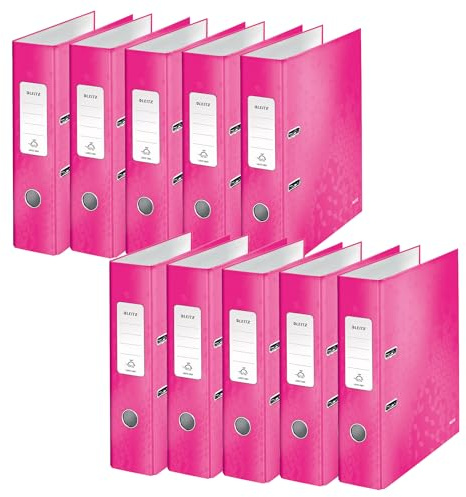 Leitz Qualitäts-Ordner 180°, 10er Pack, A4, 8 cm Rückenbreite , laminierte Graupappe, Pink, WOW Serie, Design kann variieren, 10050023