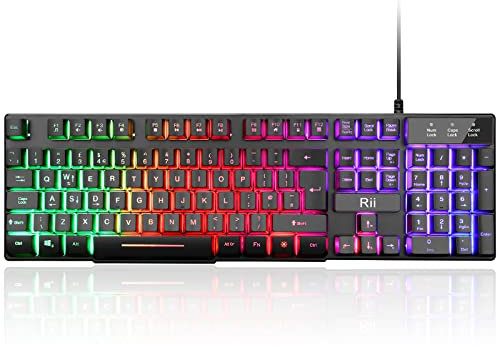 Rii Gaming Keyboard,USB Wired Keyboard with Rainbow LED Backlit Mechanical Feeling for Working Gaming (UK Layout)