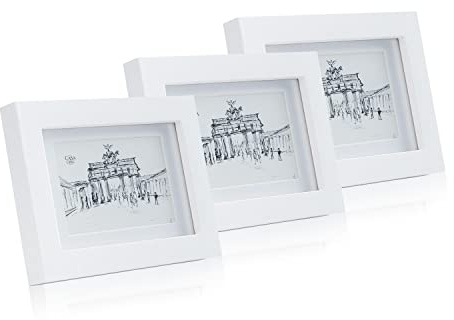 Casa Chic Bilderrahmen, 14 x 9 cm Weiß Fotorahmen, Stehen/Wandmontiert, Fotorahmen für Zuhause, Vertikal/Horizontal Display, Echtglas & Holz, Passepartout Posterrahmen, Bilderrahmen (3 Pack)
