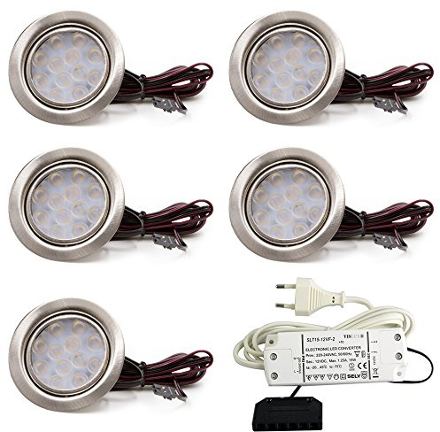 FuturaTrends vislux 5er Set LED Möbelleuchte Einbaustrahler Edelstahl Gebürstet flach 3W warmweiß 3200K 200lm 12V + 15W LED Trafo 230V für das Wohnzimmer, Küche und Bad