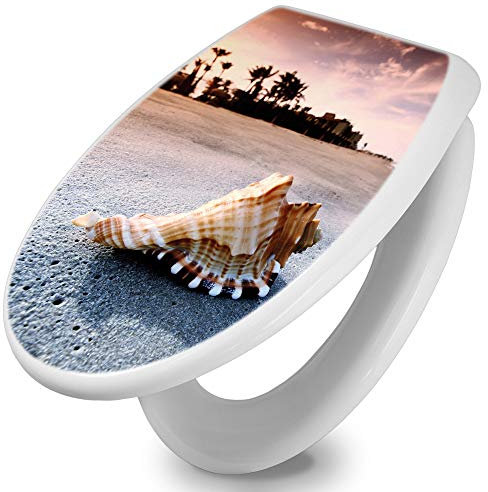 banjado Toilettendeckel mit Absenkautomatik 44,5x37cm / WC Brille Soft Close/hygienischer Toilettendeckel/Klodeckel Duroplast Edelstahl Scharniere einfache Montage/Motiv Muscheln