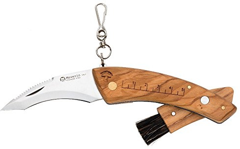 Maserin Pilzmesser rostfreier Stahl mit Bürste Zentimetermaß Karabiner Griffbeschalung Olivenholz Klingenlänge 85 mm Art. 74322