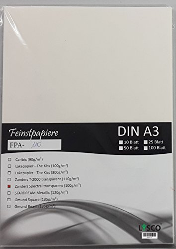 LYSCO® Feinstpapier Set mit 100 Blatt DIN A3 Transparentpapier Zanders Spectral 100g/m² Farbe hochweiß transparent exzellente Durchsicht, sehr gute Qualität, mögliche Verwendung: Einladungen, Visitenkarten, Einlegeblätter für Alben, Fotoalben, Gutscheine, Fensterbilder, Bastelarbeiten und vieles mehr