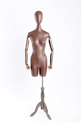 Eurotondisplay Schneiderpuppe,Kunstleder stoffbezogene Oberkörper und Kopf ,Arme und Finger aus Holz beliebig verstellbar, dunkler Holzstand (B-17T-G weiblich)