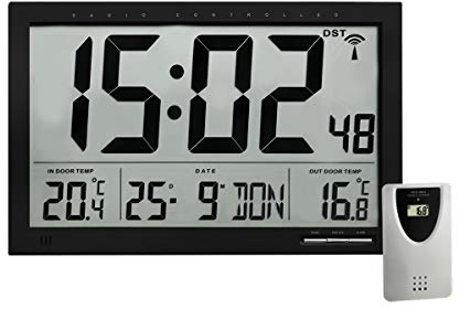 TFA Dostmann orologio digitale XL, 60.4510.01, radiocomandato, con temperatura esterna e interna, orologio da parete, di facile lettura, nero