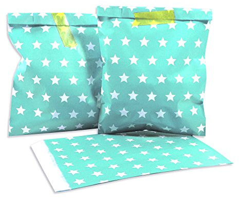 Frau WUNDERVoll® 100 PAPIERTÜTEN TÜRKIS, STERNE 13 x 16,5 cm, 45 Gramm Papier, flach / Candy Bar, Hochzeit, Kindergeburtstag, Papiertütchen, Candybag, Tüten, Mitgebseltüten