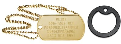 Personalisierte goldfarbene Erkennungsmarke mit eigenem Text | Dog Tag Kette mit Prägung | inkl. Kette & Silencer im Set | Unterschiedliche individuelle Texte und Motive möglich