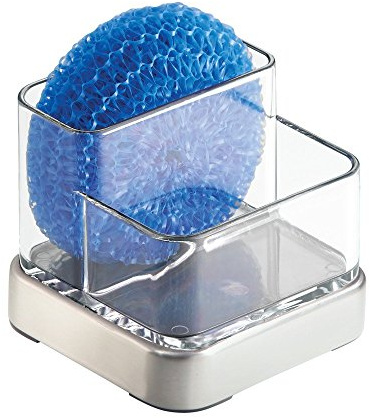 iDesign Forma Organizador de cocina para fregadero, jabonera pequeña con porta estropajo en plástico y metal, transparente y plateado