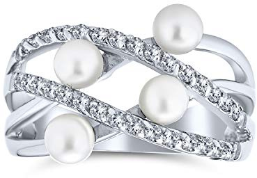 Personaliza Anillo de Compromiso de Cóctel con Perla Blanca de Agua Dulce de Estilo Art Deco para Novias con Banda Triple Dividida Pavé de Plata de Ley .925 Personalizable