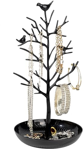 ChezMax Jewelry Display Necklace Earring Organizer Holder Metal Birds Tree Stand with Tray Antique Bracelet Rings Rack Tower Decoration for Women Girl Black 11.8 Inch