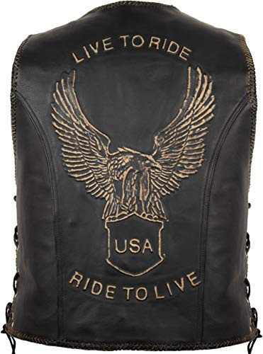 MDM Biker väst i äkta nötläder för män, LIVE TO RIDE örnmotiv, Justerbara lädersnören och stängning med 3 metallspännen (DE/NL/SE/PL, Alfa, 4XL, Regelbunden, Regelbunden, Brun)