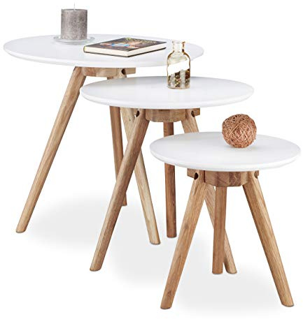 Relaxdays sidobord, set om 3, soffbord, hallbord, nattduksbord, trä, kaffebord, 50, 40 och 32 cm, vitt/natur