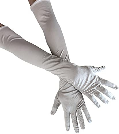 Lange Opern-Party-Handschuhe für Damen, 1920er und 20er Jahre, Satin-Handschuhe, Ellenbogenlänge für Braut-Abendkleid, Hochzeit & Tanz, W-G-1, silber, Einheitsgröße