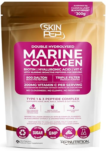 Premium Hydrolysed Marine Collagen Peptide Powder + VIT C, B Complex Hyaluronic Acid, & Stevia. Clean Light Taste/No Fishy Smell - SkinPep Collagen Re-Nu 300g - 30 Days Supply