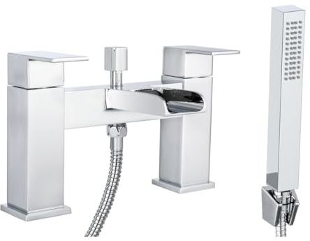 iBathUK Square Waterfall Bath Shower Mixer Filler Tap Kit, Hot and Cold Taps, Dual Lever Tap with Shower Attachment, Square Bathroom and Basin Taps - Chrome,G3/4