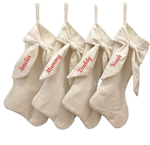 Hoolaroo Personalised Bow Christmas Stocking Xmas Deluxe Christmas 45cm Hanging Red Cream