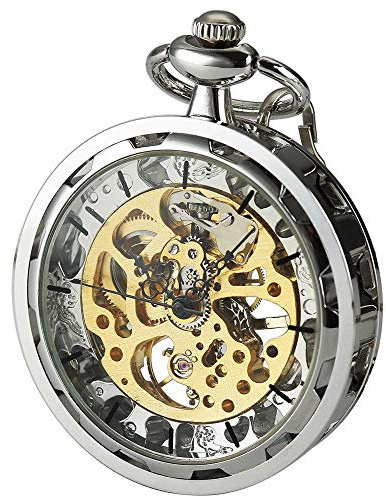 VIGOROSO Mens Classic Steampunk Pocket Watch Gold Skeleton Hand Wind Mechanical Watches in Box