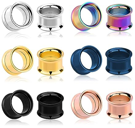 Longbeauty 12er Set/6-Farbe Schraub Hollow Edelstahl Flesh Tunnel Plugs Set 3-25mm