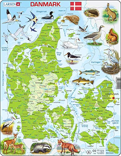 Larsen K78 Denmark Physical Map Puzzle – 66-Piece Educational Jigsaw for Kids, Danish Edition with Tray Frame - Boxless Puzzle