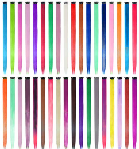 EuTengHao 36 Packs Colored Clip in Hair Extensions 22'' Colorful Straight Hair Extensions Clip in for Women and Kids Multi-Colors Party Highlights Streak Synthetic Hairpieces (36 Colors Set)