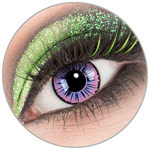 Farbige lila 'Purple Fee' Kontaktlinsen ohne Stärke 1 Paar Crazy Fun Kontaktlinsen mit Kombilösung (60ml) + Behälter zu Fasching Karneval Halloween - Topqualität von 'Giftauge'