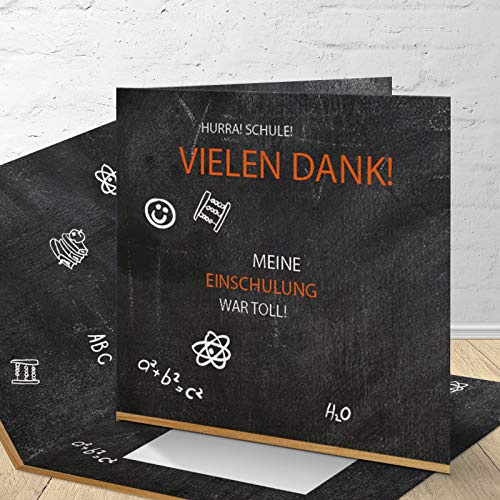 8 Danksagungskarten zur Einschulung mit passenden Umschlägen, Danksagungskarten zur Einschulung im Set zu 8 Stk. Tafel Quadratisch