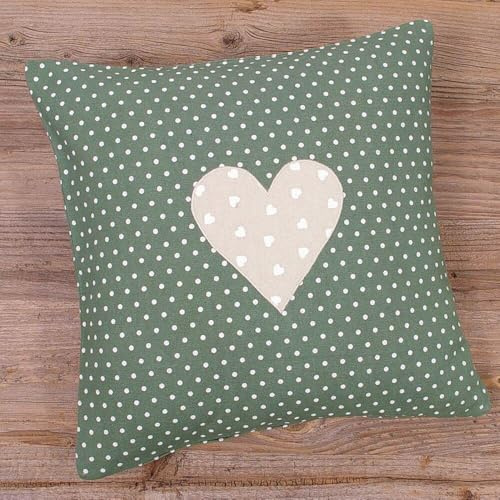 Kissen-Bezug in 30x30 cm für Deko-Kissen Sofa-Kissen - Baumwolle Kissen-Hülle VRONI im Landhaus-Stil Herz beige grün-weiß gepunktet - Waschbarer Reißverschluss Zierkissen-Bezug für Couchkissen