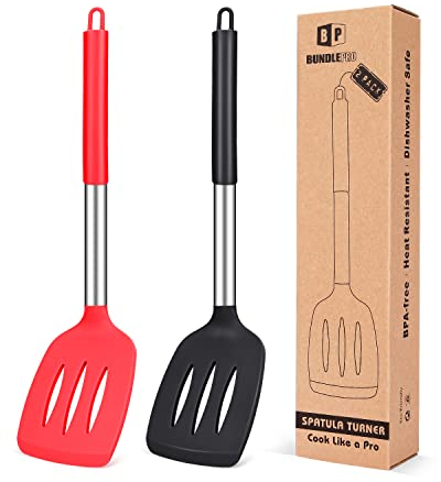 Pack of 2 Silicone Slotted Spatula,Non Stick Kitchen Turner,High Heat Resistant BPA Free Cooking Utensils for Frying Fish,Eggs, Meat,French Fries (Black-Red)