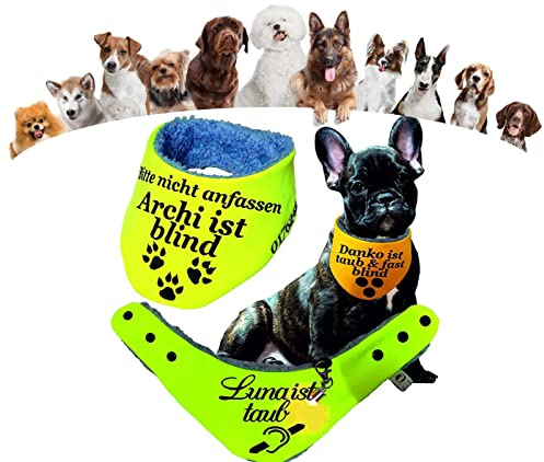 LunaChild Hundehalstuch für blinde & taube Hunde – gelbes Handicap-Halstuch, personalisiert mit Wunschname – Größen XXS bis XXXL – besticktes Hundehalstuch als individuelles Tuch