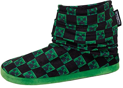 Minecraft Boys Slipper Boots Kids Creeper Gamer Fleece Lined Slippers for Gamers House Shoes Black/Green 4 UK