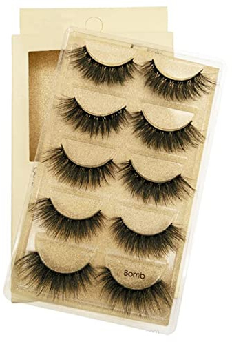 VwyuEgg Falsche Wimpern, 3DArtificial Wimpern 5 Paar 5 Stil Pure Handgemacht mit Natürliche Schwarz mit Unsichtbares Band Wiederverwendbar (Bomb)
