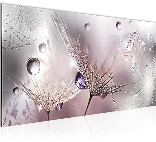 Runa Art Wandbild Blumen Pusteblumen 1 Teilig 100 x 40 cm Modern Bild auf Vlies Leinwand Morgentau Wohnzimmer Rosa Grau 043112b