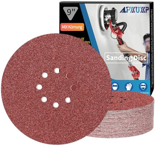 ALPXUXP Schleifpapier 225mm Klett 8-Loch Schleifscheibe für Trockenbauschleifer ​Schleifgiraffe Rund Schleifpapier- je5x P40 P60 P80 P120 P150 P240 Mischkorn(30 Stück)