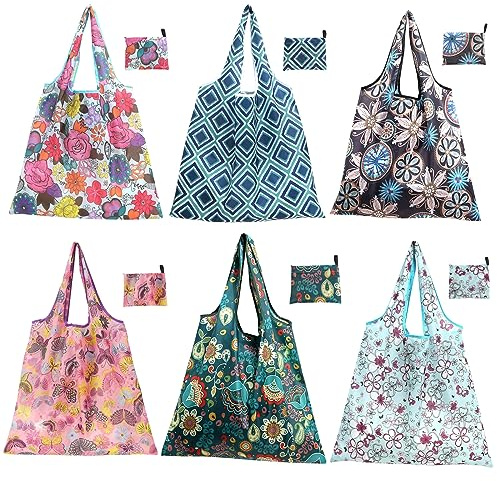 6 Pezzi Shopping Tote Bag Borsa, Sacchetti Pieghevoli, Shopping Bag Riutilizzabile, Facili da Lavare, Elegante Stile vintage per Luso Quotidiano, Viaggio, Take Out, Storage
