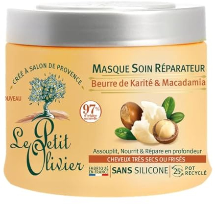 LE PETIT OLIVIER - Masque Soin Réparateur - Karité & Macadamia - Assouplit, Nourrit & Répare en Profondeur - Cheveux Secs ou Frisés - Sans Silicone - Fabriqué en France - 330 ml