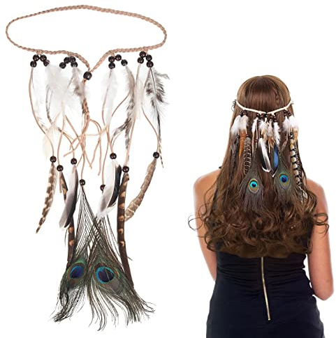 Indianer Kostüm Damen Haarschmuck Stirnband mit Pfau Federn Boho Karneval | Indianer-Kostüm Stirnband, Hippie Boho Haarband, Pfauenfedern, Karneval Festival, Boho Stirnbänder, Frauen Party Zubehör