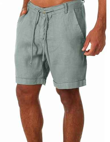 YAOBAOLE Men Casual Linen Men Shorts with Drawstring Summer Casual Men Cargo Shorts Green 2XL