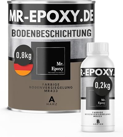 Mr. Epoxy Epoxidharz Bodenbeschichtung (1 kg, RAL 7006 Beigegrau) - 2K Betonfarbe für Garagen, Keller & Werkstatt Boden - Flüssigkunststoff Epoxid Grundierung und Bodenversiegelung