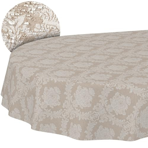 ANRO Tischdecke abwaschbar Damast Barock Beige oval 160x140 cm Tischwäsche | schmutz- & wasserabweisend, pflegeleicht – waschbar bei 30 °C – ideal für Garten, Terrasse & Esszimmer