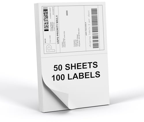 PAPRMA Half Sheet 8.5x5.5inch Shipping Mailing Label 100 Counts, 2 Labels Per Sheet 8.5 x 11 for Laser & Inkjet Printer, Permanent Adhesive Label Square Corner (50 Sheets)