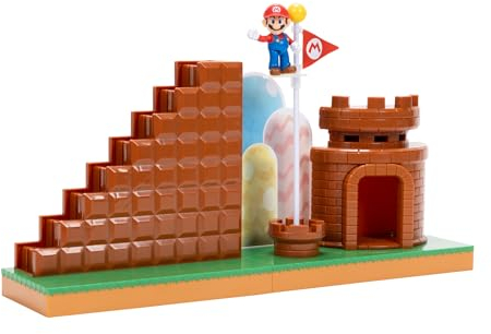Super Mario Nintendo 6cm Level End Spielset von JAKKS Pazifik mit Mini Mario-Figur, interaktiver Treppe, Schloss, Fahnenmast und Basisplattform, ab 3 Jahren