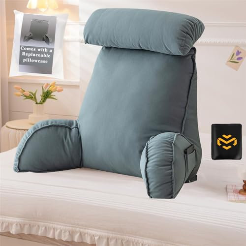 Lesekissen,Rückenkissen mit Abnehmbarer Nackenrolle und Seitentasche,Lendenkissen mit Armlehnen,Ideal als Rückenstütze zum Lesen,Arbeiten,und Spielen auf dem Bett ​Sofa 75*40*58CM(With headrest)