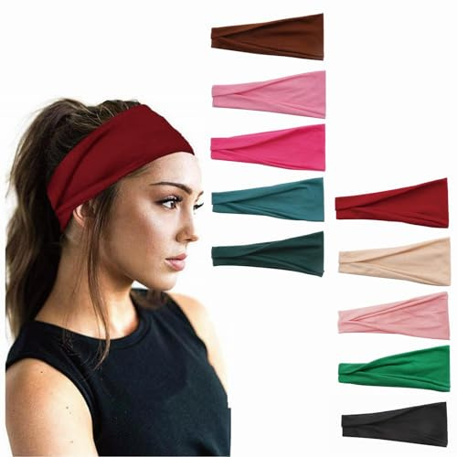 VireEyU 10 Stück Haarband Damen Stirnband - Elastische Haarbänder für Yoga, Sport, Workout, Gym - Breites Baumwolle Kopftuch für Damen im Sommer - Headband, Bandana, Haar Accessoires