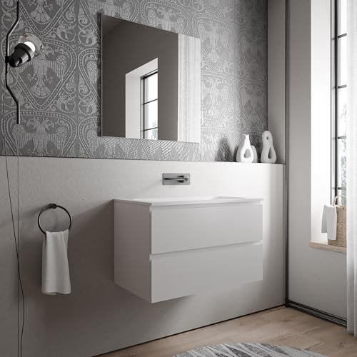 BERNSTEIN Badmöbel-Set Ava 80cm bestehend aus Mineralguss-Waschbecken mit Unterschrank in Weiß matt, Waschtisch CREAM - Weiß matt ohne Hahnloch, Ideal für mittelgroße Bäder und Badezimmer