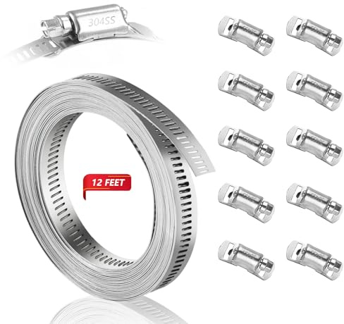 Collier de serrage de 3,7 m à faire soi-même - Sangle en acier inoxydable 304 + assortiment de 10 fixations plus solides - Grand collier de serrage réglable pour tuyaux automobiles mécaniques