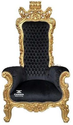 CasAmin Home & Living Giant Armchair with Golden Crown King Throne Tufted Black Velvet Throne in Baroque Style with Gold Finish for Commercial Decor as Party and Event Decor
